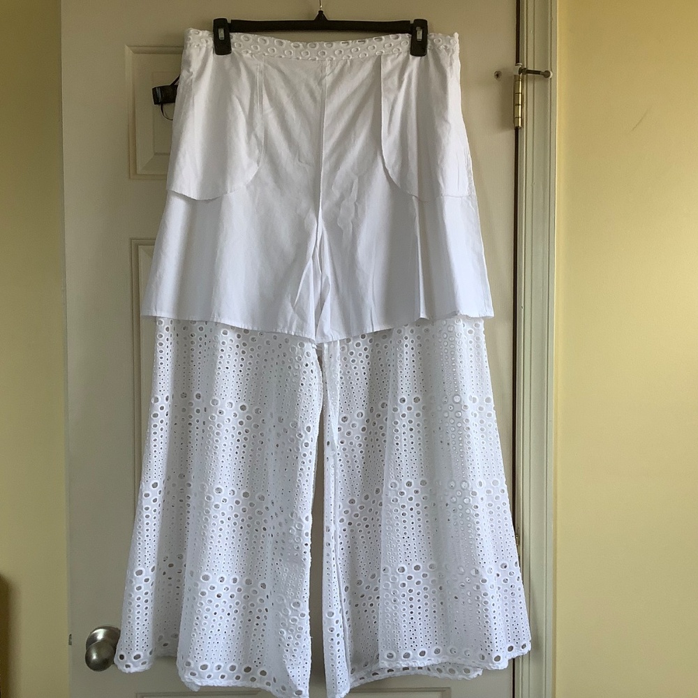 NATORI Round Eyelet Wide Leg Pants White SZ XL - Picture 13 of 16